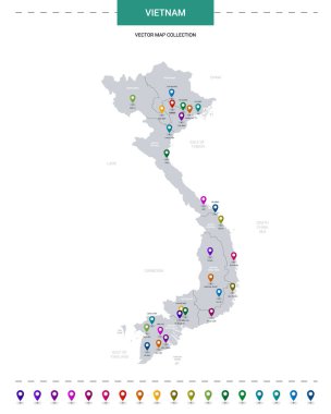 Vietnam haritasında işaret işaretleri var. Beyaz arkaplanda izole edilmiş bilgi vektör şablonu. 