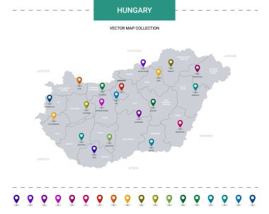 Konum işaretli Macaristan haritası. Beyaz arkaplanda izole edilmiş bilgi vektör şablonu. 