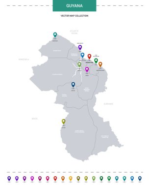 Konum işaretli Guyana haritası. Beyaz arkaplanda izole edilmiş bilgi vektör şablonu. 