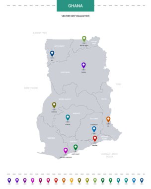 Konum işaretli Gana haritası. Beyaz arkaplanda izole edilmiş bilgi vektör şablonu. 
