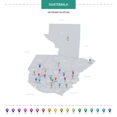 Konum işaretli Guatemala haritası. Beyaz arkaplanda izole edilmiş bilgi vektör şablonu. 