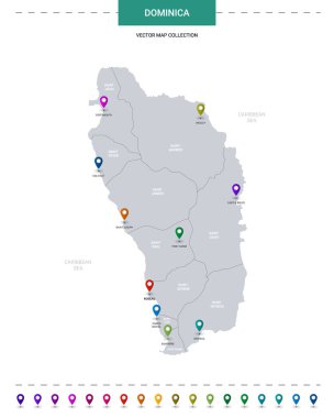 Konum işaretli Dominica haritası. Beyaz arkaplanda izole edilmiş bilgi vektör şablonu. 