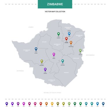 Konum işaretli Zimbabwe haritası. Beyaz arkaplanda izole edilmiş bilgi vektör şablonu. 