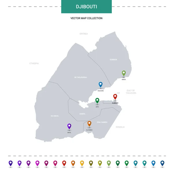 Mapa Džibuti Značkami Umístění Infographic Vektorová Šablona Izolované Bílém Pozadí — Stockový vektor