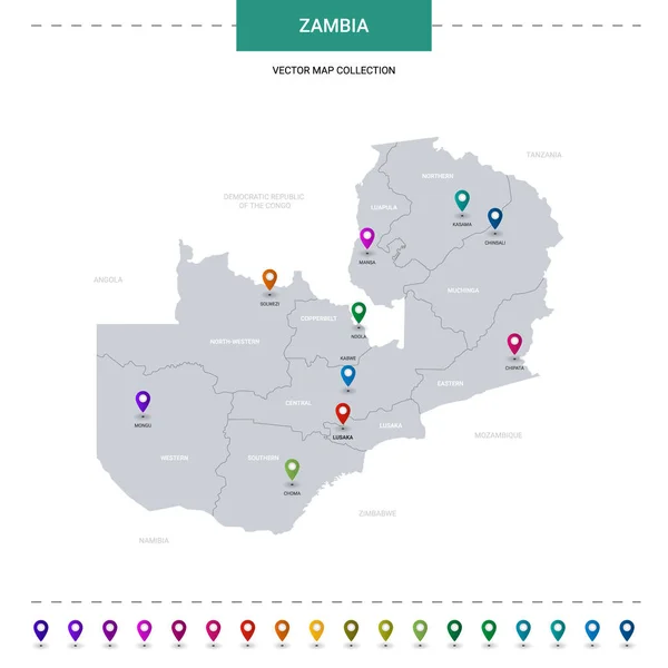 Zambia Mapa Con Marcas Puntero Ubicación Plantilla Vectorial Infográfica Aislada — Vector de stock