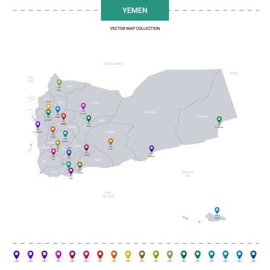 Yemen haritasında işaret işaretleri var. Beyaz arkaplanda izole edilmiş bilgi vektör şablonu. 