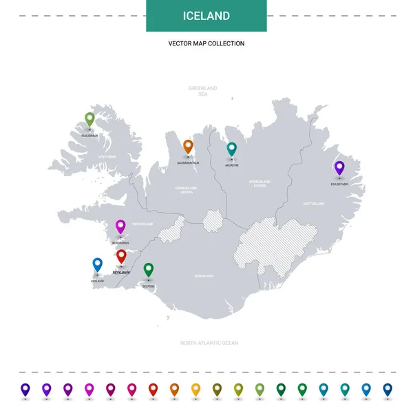 アイスランド地図上に位置ポインタマーク 白地に隔離されたインフォグラフィックベクトルテンプレート — ストックベクタ