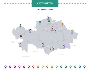 Konum işaretli Kazakistan haritası. Beyaz arkaplanda izole edilmiş bilgi vektör şablonu. 