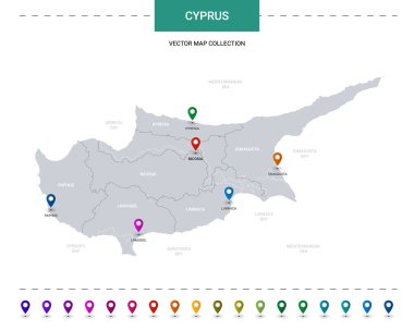 Konum işaretli Kıbrıs haritası. Beyaz arkaplanda izole edilmiş bilgi vektör şablonu. 