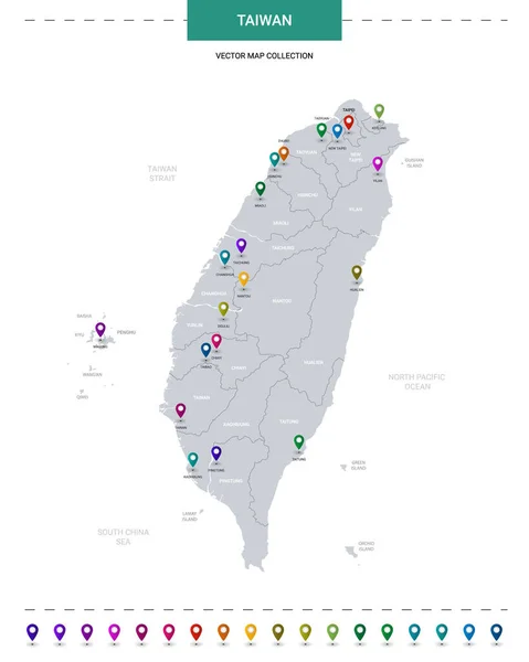 Mapa Taiwan Com Marcas Ponteiro Localização Modelo Vetor Infográfico Isolado — Vetor de Stock