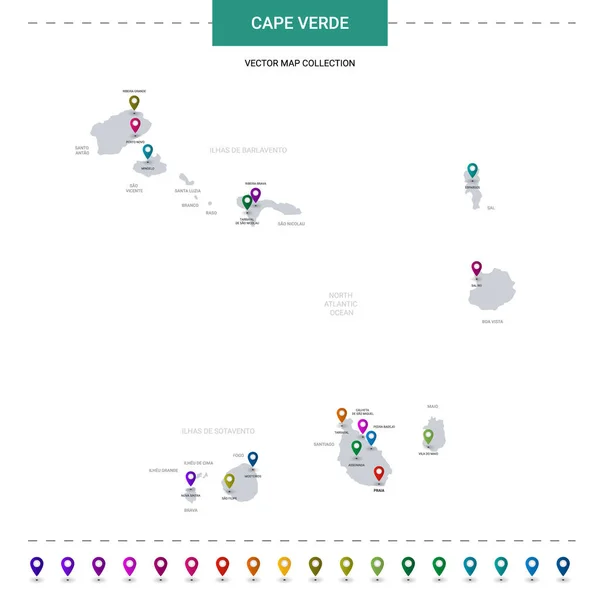 Kaapverdië Kaart Met Locatiewijzers Infografische Vectorsjabloon Geïsoleerd Witte Achtergrond — Stockvector
