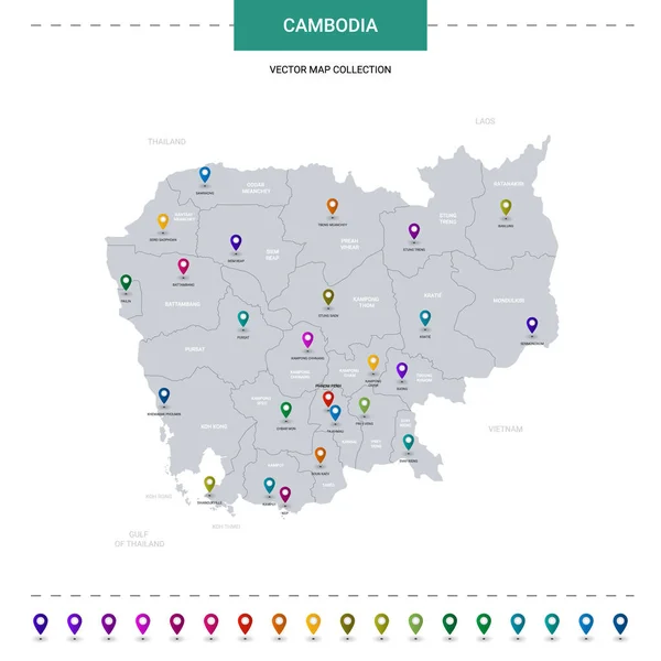 Mapa Camboja Com Marcas Ponteiro Localização Modelo Vetor Infográfico Isolado —  Vetores de Stock