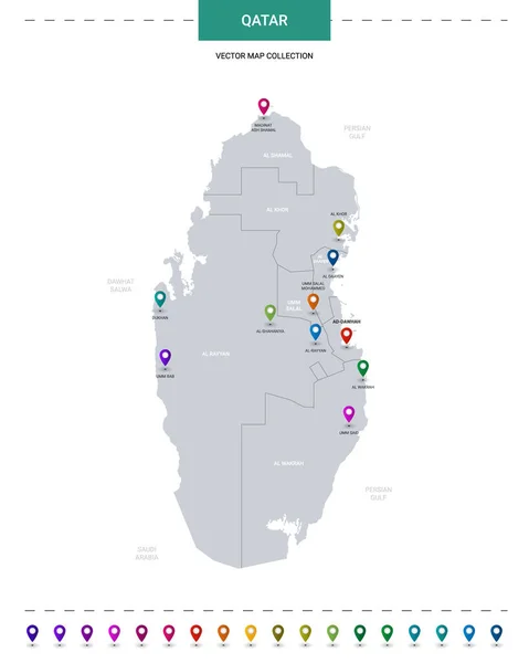 Katar Karte Mit Standort Zeigemarken Infografische Vektorvorlage Isoliert Auf Weißem — Stockvektor