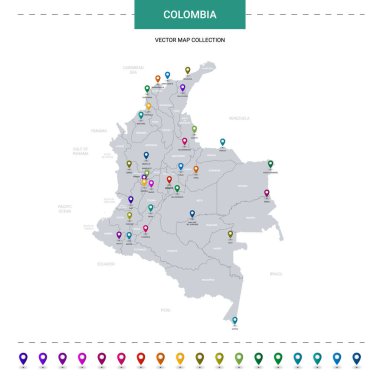 Konum işaretli Kolombiya haritası. Beyaz arkaplanda izole edilmiş bilgi vektör şablonu. 