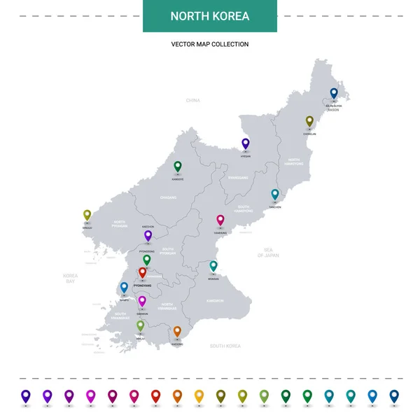 Corea Del Norte Mapa Con Marcas Puntero Ubicación Plantilla Vectorial — Vector de stock