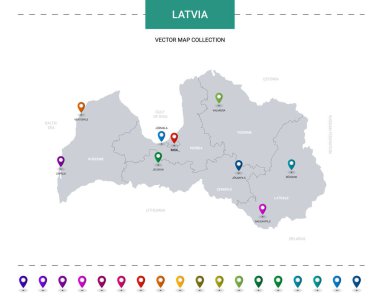 Konum işaretli Letonya haritası. Beyaz arkaplanda izole edilmiş bilgi vektör şablonu. 