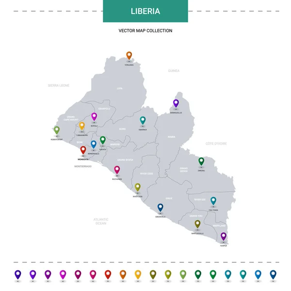 Mapa Libéria Com Marcas Ponteiro Localização Modelo Vetor Infográfico Isolado —  Vetores de Stock