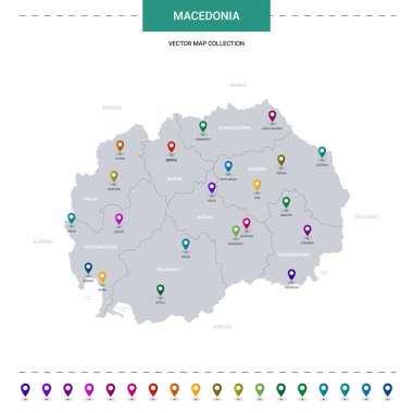 Konum işaretli Makedonya haritası. Beyaz arkaplanda izole edilmiş bilgi vektör şablonu. 