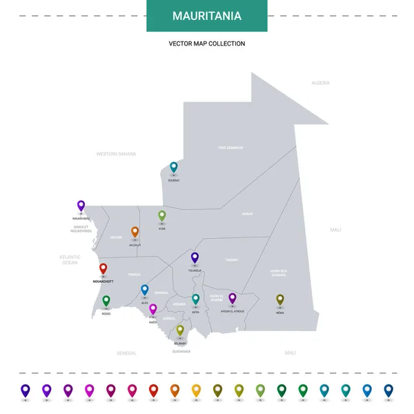 Mauritania Mapa Con Marcas Puntero Ubicación Plantilla Vectorial Infográfica Aislada — Archivo Imágenes Vectoriales