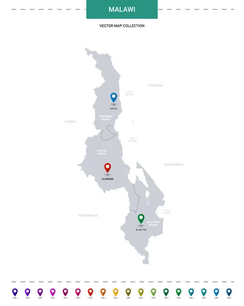 Mapa Malawi Con Marcas Puntero Ubicación Plantilla Vectorial Infográfica Aislada — Vector de stock
