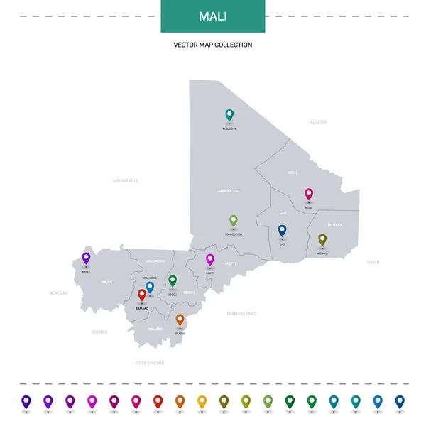 Mapa Malí Con Marcas Puntero Ubicación Plantilla Vectorial Infográfica Aislada — Archivo Imágenes Vectoriales