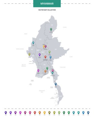 Konum işaretli Myanmar Burma haritası. Beyaz arkaplanda izole edilmiş bilgi vektör şablonu. 