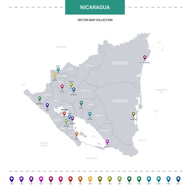 Nikaragua haritasında işaret işaretleri var. Beyaz arkaplanda izole edilmiş bilgi vektör şablonu. 