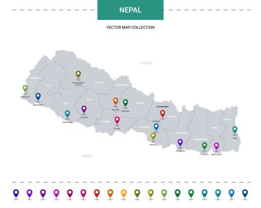 Konum işaretli Nepal haritası. Beyaz arkaplanda izole edilmiş bilgi vektör şablonu. 