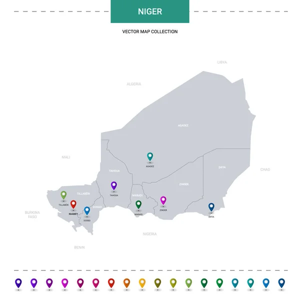 Carte Niger Avec Repères Localisation Modèle Vectoriel Infographique Isolé Sur — Image vectorielle