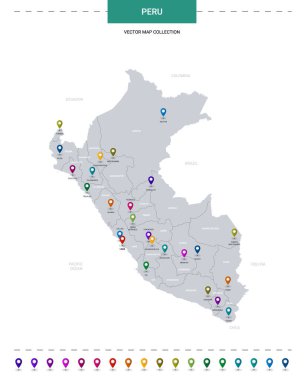 Konum işaretli Peru haritası. Beyaz arkaplanda izole edilmiş bilgi vektör şablonu. 