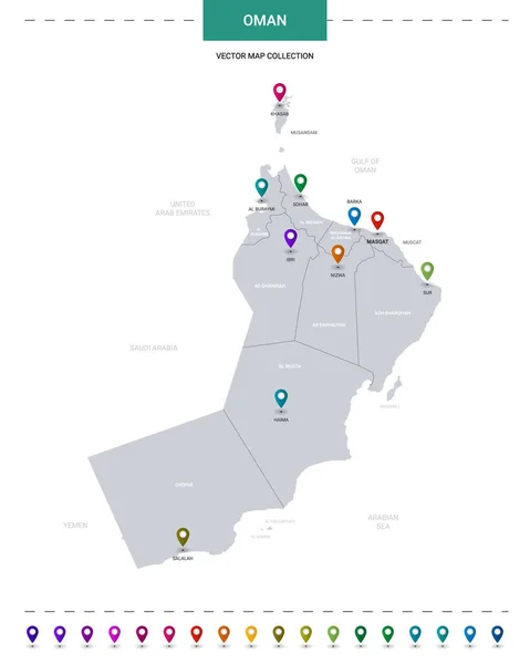 Omán Mapa Con Marcas Puntero Ubicación Plantilla Vectorial Infográfica Aislada — Archivo Imágenes Vectoriales