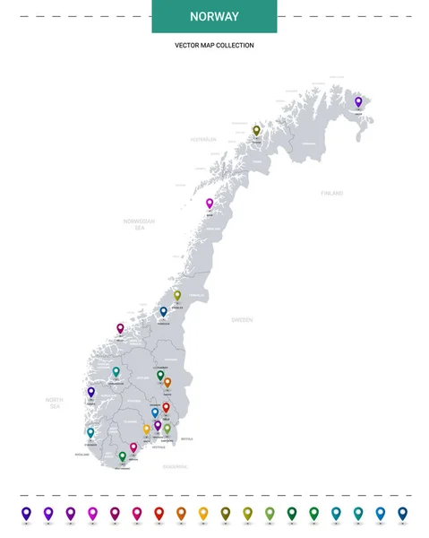 Noruega Mapa Con Marcas Puntero Ubicación Plantilla Vectorial Infográfica Aislada — Archivo Imágenes Vectoriales