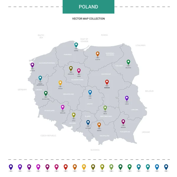位置ポインタマークを持つポーランドマップ 白地に隔離されたインフォグラフィックベクトルテンプレート — ストックベクタ
