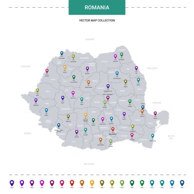 Konum işaretli Romanya haritası. Beyaz arkaplanda izole edilmiş bilgi vektör şablonu. 