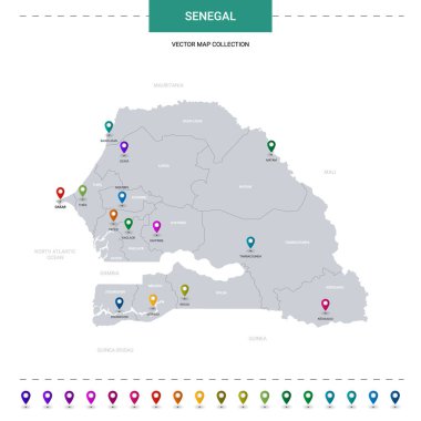 Konum işaretli Senegal haritası. Beyaz arkaplanda izole edilmiş bilgi vektör şablonu. 