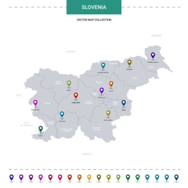 Slovenya haritasında işaret işaretleri var. Beyaz arkaplanda izole edilmiş bilgi vektör şablonu. 