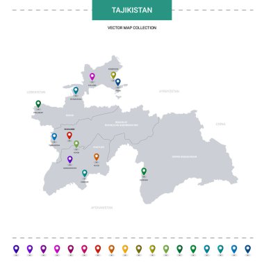 Konum işaretli Tacikistan haritası. Beyaz arkaplanda izole edilmiş bilgi vektör şablonu. 