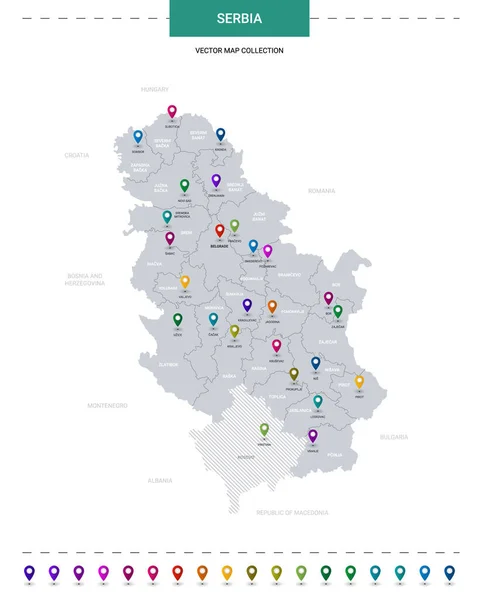 Serbia Mapa Con Marcas Puntero Ubicación Plantilla Vectorial Infográfica Aislada — Vector de stock