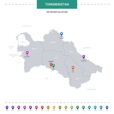 Konum işaretli Türkmenistan haritası. Beyaz arkaplanda izole edilmiş bilgi vektör şablonu. 