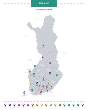 Finlandiya haritasında işaret işaretleri var. Beyaz arkaplanda izole edilmiş bilgi vektör şablonu. 
