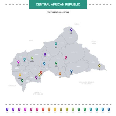 Konum işaretli Orta Afrika Cumhuriyeti haritası. Beyaz arkaplanda izole edilmiş bilgi vektör şablonu. 