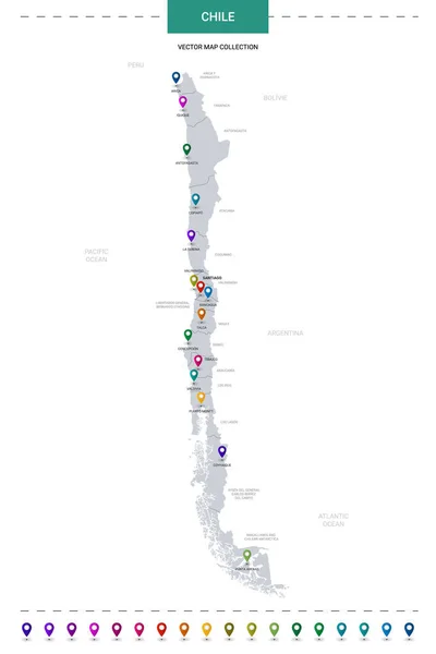 Mapa Chile Wskaźnikami Lokalizacji Szablon Wektora Infograficznego Izolowany Białym Tle — Wektor stockowy