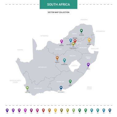 Konum işaretli Güney Afrika haritası. Beyaz arkaplanda izole edilmiş bilgi vektör şablonu. 