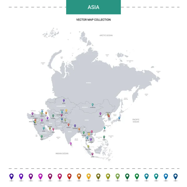 Ázsia Térkép Helymeghatározási Jelekkel Infografikus Vektor Sablon Fehér Alapon Elkülönítve — Stock Vector