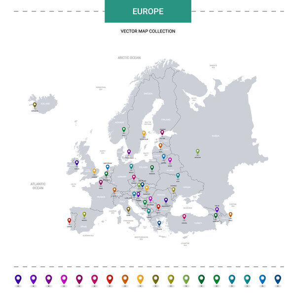 Карта Европы с указателями местоположения. Инфографический векторный шаблон, изолированный на белом фоне. 