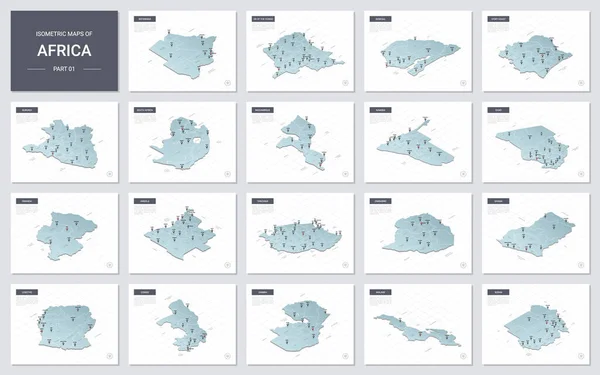 Conjunto Mapas Isométricos Vectoriales Continente Africano Mapas Países Africanos Con — Archivo Imágenes Vectoriales