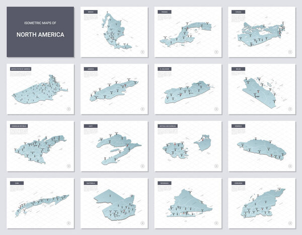 Vector isometric maps set - America continent.  Maps of North American countries with administrative division and cities.