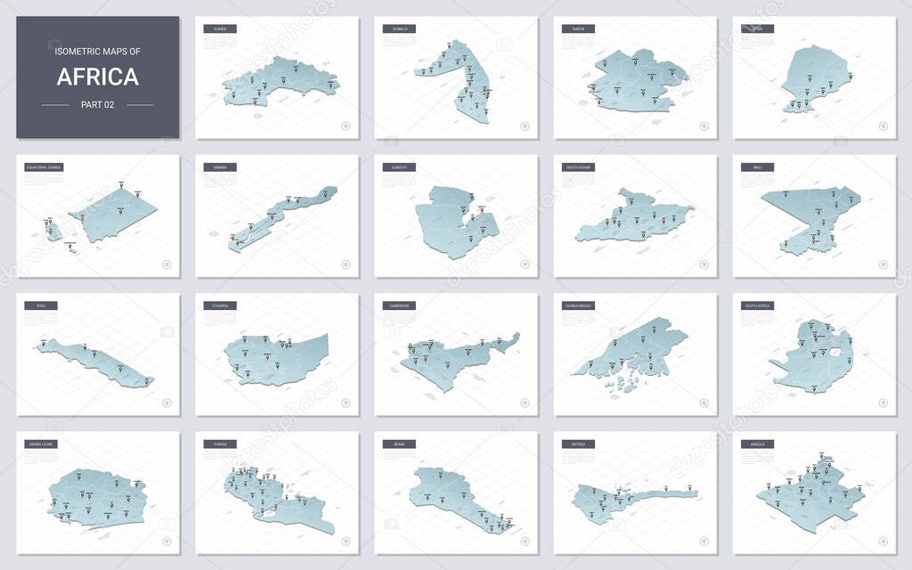 Vector isometric maps set - Africa continent.  Maps of African countries with administrative division and cities. Part 2.