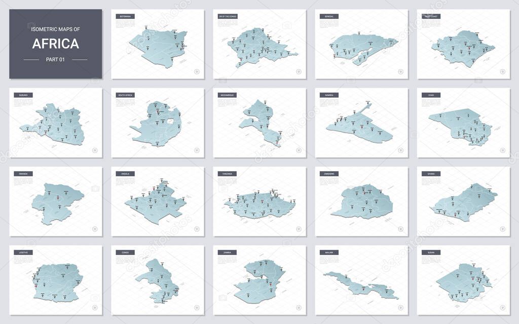 Vector isometric maps set - Africa continent.  Maps of African countries with administrative division and cities. Part 1.