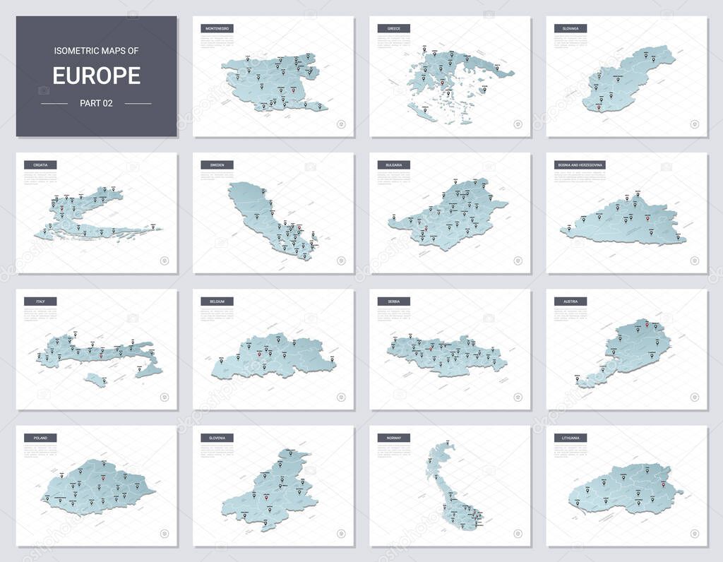 Vector isometric maps set - Europe continent.  Maps of European countries with administrative division and cities. Part 2.